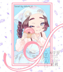  1girl ;) ansha_(pokemon) apron artist_name brown_hair closed_mouth commentary_request doughnut eyelashes food food_on_face grey_eyes hands_up holding holding_donut holding_food long_hair long_sleeves looking_at_viewer mitumi_ci one_eye_closed pokemon pokemon_legends:_z-a shirt smile solo watermark 