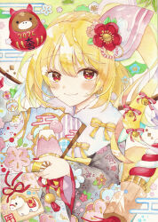  1girl absurdres alternate_costume bell black_kimono blonde_hair blush chinese_zodiac closed_mouth commentary_request crystal crystal_wings daruma_doll egasumi ema fang flandre_scarlet floral_print flower folding_fan furisode hair_bell hair_flower hair_ornament hand_fan hat highres holding holding_fan japanese_clothes kanzashi kimono long_sleeves looking_at_viewer multicolored_wings new_year one_side_up painting_(medium) print_kimono red_eyes red_nails ringo33757 skin_fang smile solo touhou traditional_media tsumami_kanzashi watercolor_(medium) wings year_of_the_horse 