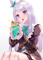  1girl akatsuki_(kuon) animal_ears aqua_bow aqua_bowtie aqua_ribbon black_jacket black_skirt blush bow bowtie coat commentary_request crepe ear_bow ear_ribbon food frilled_coat frilled_jacket frills holding holding_crepe holding_food horse_ears horse_girl horse_tail jacket long_hair long_sleeves mejiro_mcqueen_(frontline_elegance)_(umamusume) mejiro_mcqueen_(umamusume) open_mouth pleated_skirt purple_hair ribbon shirt simple_background skirt solo sparkle striped_clothes striped_shirt tail teeth umamusume upper_teeth_only violet_eyes white_background 