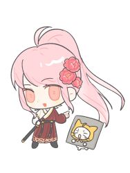  ahoge animal belt black_belt black_boots boots bow bowtie brown_eyes cat chinese_clothes chinese_commentary cloak clothed_animal commentary_request dot_nose ear_covers flower hair_flower hair_ornament hand_on_hilt hanfu hao_xintai_bingkuai happy high_ponytail highres hood hood_up hooded_cloak infinity_nikki light_blush long_hair long_sleeves looking_at_viewer momo_(nikki) nikki_(nikki) nikki_(series) no_pupils official_alternate_color open_mouth orange_bow orange_bowtie peony_(flower) pillory pink_flower pink_hair pointing ponytail puffy_long_sleeves puffy_sleeves red_hanfu simple_background smile sword_master_(infinity_nikki) two-tone_hanfu v-shaped_eyebrows very_long_hair whiskers white_background white_cat white_hanfu yellow_cloak 