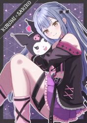  1girl absurdres azakura_(beniyomogi) bang_dream! bang_dream!_it's_mygo!!!!! blue_hair character_name closed_mouth commentary_request earrings heart highres hug jewelry kuromi leg_warmers light_blush long_hair long_sleeves looking_at_viewer midriff my_melody_(series) navel pink_leg_warmers pleated_skirt purple_skirt revision sanrio sidelocks skirt thighs togawa_sakiko yellow_eyes 