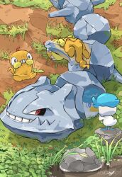  4others aomon_(yuuji7604) beak blue_feathers colored_skin commentary_request dirt feathers grass highres jaw metal_skin multiple_others no_humans pokemon pokemon_(creature) quaxly red_eyes reflection scraggy sitting steelix tagme tail water white_feathers yellow_skin 