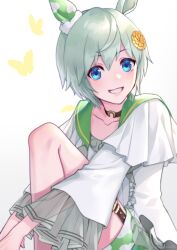  1girl akatsuki_(kuon) animal_ears blue_eyes blush brown_choker bug butterfly choker collarbone commentary_request ear_covers flower green_sailor_collar green_shorts grey_hair grin hair_between_eyes hair_flower hair_ornament hairclip horse_ears horse_girl long_sleeves looking_at_viewer open_mouth sailor_collar seiun_sky_(reeling_in_the_big_one)_(umamusume) seiun_sky_(umamusume) shirt short_hair shorts simple_background single_ear_cover smiel smile solo sunflower sunflower_hair_ornament teeth thigh_strap umamusume white_shirt 