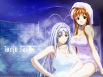  2girls ahoge antenna_hair armpits blue_eyes breasts brown_eyes brown_hair cleavage fingernails grin impossible_towel large_breasts long_fingernails long_hair multiple_girls naked_towel natsume_aya natsume_maya onsen photoshop purple_hair scan siblings sisters sitting smile steam tenjou_tenge thighs towel very_long_hair wallpaper water wet 