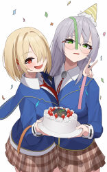  absurdres birthday_cake brown_hair cake commentary_request confetti food fruit green_eyes grey_hair hat heaven_burns_red highres holding holding_cake holding_food izumi_yuki_(heaven_burns_red) kayamori_ruka long_hair narby_(heaven_burns_red) neck_ribbon necktie niwanwagon party_hat red_eyes ribbon school_uniform short_hair strawberry v 