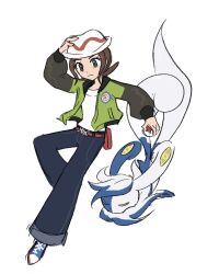  1girl arm_up belt blue_shoes brown_belt brown_hair closed_mouth eyelashes flipped_hair green_jacket harmony_(pokemon) hat highres holding holding_poke_ball jacket long_sleeves mega_meowstic meowstic open_clothes open_jacket pants poke_ball poke_ball_(basic) pokemon pokemon_(creature) pokemon_legends:_z-a shirt shoes simple_background white_background white_hat white_shirt xlii_idk 