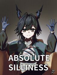  1girl absolute_cinema_(meme) absurdres arknights arknights:_endfield armchair black_hair blue_gloves blue_horns blue_jacket breasts chair chen_qianyu_(arknights) commentary dragon_girl dragon_horn dragon_horns eastern_dragon_horns english_commentary english_text film_grain fini_kin frown gloves hair_between_eyes hair_intakes hands_up heavy_film_grain highres horns image_macro_(meme) indoors jacket looking_at_viewer medium_breasts meme on_chair open_hands sitting solo split_mouth straight-on twitter_username upper_body 
