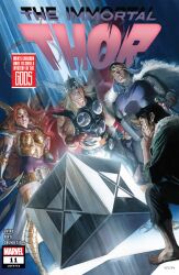  1girl 3boys absurdres alex_ross angela_(marvel) armor balder_(marvel) barefoot belt black_hair black_pants blonde_hair blue_eyes blue_tunic breastplate brother_and_sister brothers cape chainmail character_name checkered_clothes coat comic_cover copyright_logo copyright_name covered_abs covered_pectorals cube dutch_angle english_text fake_horns fur-trimmed_coat fur_cape fur_trim glowing gold_armor green_coat hammer hand_on_own_chin helmet highres holding holding_hammer holding_weapon horned_headwear horns leotard logo loki_(marvel) long_hair looking_at_object marvel mjolnir_(marvel) multiple_boys muscular muscular_male no_pupils official_art on_one_knee orange_hair pants pectorals profile purple_leotard red_cape short_hair siblings thigh_armor thor_(marvel) thor_(marvel)_(series) torn_clothes torn_coat torn_pants tunic weapon western_comics_(style) white_cape winged_headwear winged_helmet 