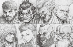  1girl 6+boys beard blanka bracelet chinese_clothes chun-li commentary_request crosshatching double_bun e._honda earrings facepaint facial_hair fighting_stance goatee greyscale guile hair_bun hands_up hatching_(texture) highres jewelry ken_masters kuroneco long_hair looking_to_the_side male_focus mature_male mohawk monochrome multiple_boys muscular muscular_male mustache_stubble official_alternate_costume open_mouth pectoral_cleavage pectorals ryu_(street_fighter) short_hair signature solo sparse_stubble spiked_bracelet spikes street_fighter stubble sumo thick_eyebrows upper_body zangief 
