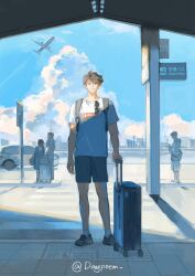  1boy aircraft airplane airport backpack bag black_bag black_shoes black_shorts brown_eyes brown_hair car cityscape clouds commentary cumulonimbus_cloud daypoem english_commentary full_body haikyuu!! highres male_focus motor_vehicle oikawa_tooru_(haikyuu!!) parted_hair people print_shirt rolling_suitcase shirt shoes shorts sidewalk sign sky standing suitcase sunglasses twitter_username unworn_eyewear 