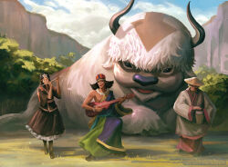  1girl 2boys appa avatar:_the_last_airbender avatar_legends black_hair black_shirt black_skirt braided_fur cateille chong_(avatar) commentary drum english_commentary flower flower_necklace flute hat highres instrument jacket japanese_clothes kimono lute_(instrument) magic:_the_gathering multicolored_kimono multiple_boys music official_art outdoors playing_flute playing_instrument rice_hat shirt skirt smile white_jacket 