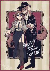  1girl 1other animal_collar animal_ears asymmetrical_skirt bemani black_garter_straps black_hat black_jacket black_pants black_shoes black_skirt black_thighhighs blue_necktie border breasts brown_border brown_fur brown_hair check_clothing check_gender choker clothing_request collar commentary_request copyright_name cowboy_hat dance_dance_revolution dancing dog dog_ears dog_girl dog_tail english_text eyewear_strap facial_hair furry garter_straps gender_request glasses grey_jacket hat highres holding_hands jacket long_skirt long_sleeves mustache necktie ngc7k pants parted_lips picture_frame pink_choker plaid_clothes plaid_jacket red_background red_shoes shirt shoes skirt striped_border swept_bangs tail thigh-highs watermark white_shirt 