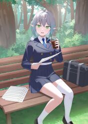  1girl animal_on_shoulder asymmetrical_legwear bench bird bird_on_shoulder black_bag black_jacket black_shoes black_skirt blue_necktie breasts buttons collared_shirt commentary_request cropped_jacket cup disposable_cup double-breasted drinking_straw fukujin green_eyes grey_hair highres holding holding_cup holding_paper ice ice_cube jacket loafers looking_at_viewer medium_breasts miniskirt necktie on_bench open_mouth original outdoors paper park_bench pleated_skirt pointy_ears shirt shoes short_hair sitting skirt socks solo suit thigh-highs uneven_legwear white_bird white_shirt white_socks white_thighhighs 