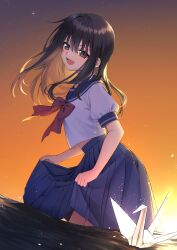  1girl asuka_gin black_hair blue_sailor_collar blue_skirt bow bowtie commentary_request grey_eyes highres long_hair midriff_peek open_mouth orange_sky origami original paper_crane partially_submerged purple_sky red_bow red_bowtie sailor_collar school_uniform serafuku short_sleeves skirt sky smile star_(sky) sunset water white_serafuku 
