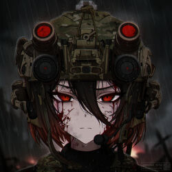  1girl artist_name bags_under_eyes black_hair black_sweater blood blood_on_face blurry blurry_background brown_helmet camouflage chinstrap closed_mouth clouds cloudy_sky combat_helmet commentary crack cracked_glass debris dirty dirty_face ear_protection english_commentary fast_helmet frown gradient_hair grey_sky hair_between_eyes headset helmet looking_at_viewer mikhail_n762 mikoto_(mikhail_n762) mole mole_under_eye multicolored_hair night_vision_device original outdoors qr_code rain red_eyes scar scar_across_eye scar_on_face serious short_hair sky solo straight-on sweater tactical_clothes twitter_username upper_body wet woodland_camouflage 