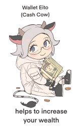  1boy animal_ears aotsuki_eito banknote black_gloves black_shoes character_print chibi chibi_only coin commentary cow_boy cow_ears cow_horns cow_tail eitoholes english_text glasses gloves grey_eyes grey_hair highres holding holding_money horns jacket kemonomimi_mode looking_at_viewer male_focus money pants shoes short_hair sirei_(hundred_line) sitting smile solo symbol-only_commentary tail the_hundred_line_-last_defense_academy- white_background white_jacket white_pants 
