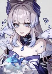  1girl absurdres air_bubble amekamu bare_shoulders blue_gem blunt_bangs bubble commentary cupping_hands detached_collar detached_sleeves fish gem genshin_impact gloves gradient_hair grey_background highres japanese_clothes long_hair multicolored_hair muted_color open_mouth own_hands_together sangonomiya_kokomi smile solo symbol-only_commentary white_gloves 
