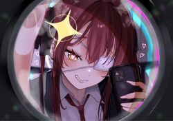  1girl brown_hair eyelashes eyepatch heart heart-shaped_pupils highres holding holding_phone hololive honnoshioriii houshou_marine phone pov_peephole shirt smile solo symbol-shaped_pupils virtual_youtuber white_shirt yellow_eyes 