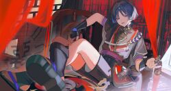  1boy absurdres armor black_hair black_hat black_kimono black_mask black_sandals black_shorts black_sleeves blunt_ends choppy_bangs colored_inner_hair covered_collarbone crossed_legs curtains feet foot_focus furisode genshin_impact gnosis_(genshin_impact) gold grey_sleeves hair_intakes hat highres holding indoors japanese_armor japanese_clothes jewelry jingasa juban kimono kote kurokote layered_sleeves leaning_back looking_at_viewer male_focus mask_on_hat mitsudomoe_(shape) multicolored_hair neck_ring o-ring open_clothes open_kimono purple_hair purple_rope purple_sash purple_sleeves red_hair red_hat red_kimono red_pupils red_sash rope rtms sandals sash scaramouche_(genshin_impact) see-through_clothes see-through_veil shimenawa short_sleeves shorts sidelighting sitting solo stirrup_legwear tassel toeless_legwear toenails toes tomoe_(symbol) tongue tongue_out tsurime twitter_username unworn_hat unworn_headwear unworn_veil veil violet_eyes white_kimono white_rope zouri 
