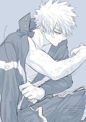  1boy bakugou_katsuki boku_no_hero_academia closed_mouth commentary_request dressing grey_background greyscale highres male_focus monochrome multiple_scars oroshi_mi pants scar scar_on_arm scar_on_face short_hair simple_background sitting solo spiky_hair superhero_costume 