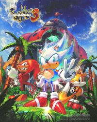  5boys absurdres alternate_form animal_ears animal_nose arm_behind_back armor aura bald big_arms_(sonic) black_pants blue_armor blue_sky body_fur bowing cameo classic_eggman classic_knuckles classic_sonic classic_tails clouds commentary copyright_name dr._eggman english_commentary english_text facial_hair foliage fox_boy furry furry_male gem glint gloves glowing glowing_eyes gradient_sky grass green_gem grin hand_on_own_hip hand_up hedgehog_boy highres humanoid_robot hyper_sonic kornart long_mustache long_sleeves looking_at_viewer male_focus master_emerald mecha mecha_sonic_mkii middle_w multicolored_fur multiple_boys mustache outdoors palm_tree pants rainbow_gradient red_armor red_shirt red_shoes robot sharp_teeth shirt shoes short_tail sky smile sonic_&amp;_knuckles sonic_(series) sonic_the_hedgehog sonic_the_hedgehog_(classic) sonic_the_hedgehog_3 space sparkle star_(sky) tail teeth tree v-shaped_eyes w water waterfall white_fur white_gloves yellow_fur 