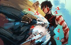  1boy 1girl attack biceps black_hair blonde_hair clenched_hands damage_numbers fighting highres jujutsu_kaisen looking_at_another meme muscular muscular_female punching raiden_punching_armstrong_(meme) rapid_punches scar scars_all_over sonic1nstinct standing tall_female zen'in_maki zen'in_naoya 