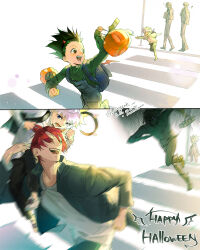  ! 4boys absurdres alternate_costume black_pants brothers commentary crosswalk dongzak_o0 english_commentary fleeing gakuran gon_freecss green_shirt halloween halloween_bucket happy happy_halloween highres hisoka_morow hunter_x_hunter illumi_zoldyck jacket killua_zoldyck male_focus multiple_boys open_clothes open_jacket open_mouth overalls pants running school_uniform shirt short_hair siblings twitter_username white_shirt 
