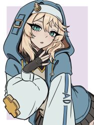 1girl absurdres androgyne_symbol aqua_eyes black_gloves blonde_hair blue_jacket border bridget_(guilty_gear) commentary cowboy_shot english_commentary fingerless_gloves gloves guilty_gear guilty_gear_strive hair_between_eyes highres hood hood_up hooded_jacket jacket junoelise161 long_sleeves looking_at_viewer male_focus medium_hair outside_border parted_lips purple_background solo transgender white_border