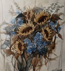  blue_flower blue_rose bouquet commentary english_commentary flower flower_request highres no_humans original painting_(medium) plant plant_focus revol4357 rose still_life sunflower traditional_media watercolor_(medium) 