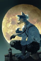  absurdres animal_ears beastars blurry closed_mouth collared_shirt commentary depth_of_field fox_ears fox_tail full_moon furry furry_male highres legoshi looking_at_viewer mihan_(barukanpasu) moon necktie night on_roof outdoors pants shirt sleeves_rolled_up solo squatting tail white_shirt wolf wolf_boy 