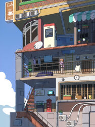  1girl absurdres analog_clock awning balcony blue_sky box building cardboard_box cheribon clock clouds couch crt door hashtag-only_commentary highres industrial_pipe ladder laundry laundry_pole orange_hair original phone_booth plant postbox_(outgoing_mail) potted_plant railing satellite_dish scenery short_hair short_shorts shorts sign sky solo stairs television wide_shot 