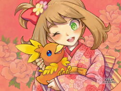  1girl ;d animal art_academy_(medium) bird bow bow_flower brown_hair commentary_request floral_print floral_print_kimono flower green_eyes hair_bow holding holding_animal holding_bird holding_pokemon japanese_clothes kimono long_sleeves may_(pokemon) medium_hair one_eye_closed one_side_up open_mouth pink_flower pink_kimono pokemon pokemon_(creature) pokemon_oras print_kimono red_bow saikachi_(ogre_tree) smile teeth torchic upper_teeth_only wide_sleeves yellow_flower 