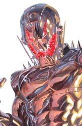  1boy absurdres alex_ross avengers_(series) comic_cover cover cover_page highres humanoid_robot looking_at_viewer male_focus marvel metal_skin muscular muscular_male official_art red_eyes robot robot_boy shoulder_spikes solo spikes ultron upper_body western_comics_(style) white_background 