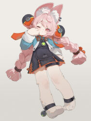  1girl animal_ear_fluff animal_ear_piercing animal_ears animal_feet anklet black_dress braid braided_twintails bright_pupils closed_mouth commentary_request dress full_body furry furry_female green_shirt grey_background hair_ornament highres jewelry long_hair looking_at_viewer one_eye_closed pinafore_dress pink_fur pink_hair rabbit_ears rabbit_girl red_eyes screw shirt short_eyebrows simple_background sleeveless sleeveless_dress solo sphere_hair_ornament thick_eyebrows white_pupils yui35 zenless_zone_zero zhao_(zenless_zone_zero) 