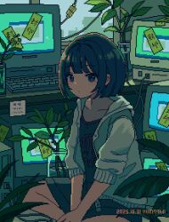  1girl artist_name commentary computer_keyboard crt dated grey_jacket hood hooded_jacket indoors jacket looking_at_viewer monitor nanami_yuki_(yuki77mi) open_clothes open_jacket original pixel_art plant potted_plant print_shirt shirt sitting skirt sleeves_pushed_up solo symbol-only_commentary vase window 