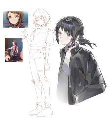 1girl absurdres bang_dream! bang_dream!_it's_mygo!!!!! black_choker black_hair black_jacket blue_eyes choker closed_mouth commentary highres jacket long_sleeves looking_at_viewer multiple_views open_clothes open_jacket ponytail pyyuu reference_inset short_hair short_ponytail simple_background sketch v white_background yahata_umiri 