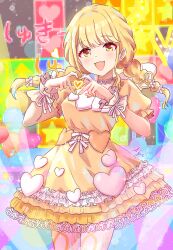  1girl absurdres blonde_hair braid breasts commentary_request cowboy_shot dress fang frilled_wrist_cuffs frills fujita_kotone gakuen_idolmaster heart heart_hands highres idolmaster koaya light_blush long_hair looking_at_viewer open_mouth short_sleeves skin_fang smile solo standing twin_braids wrist_cuffs yellow_dress yellow_eyes 