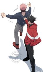  2boys 6tnut9 black_hair black_pants black_shoes clothes_grab from_behind full_body fushiguro_megumi grey_hoodie grey_pants hand_in_pocket hood hood_grab hoodie itadori_yuuji jujutsu_kaisen looking_at_another male_focus multiple_boys pants pink_hair red_hoodie red_shoes shoes short_hair signature standing two-tone_background undercut watermark watermark_grid 