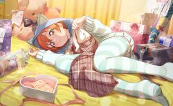  1girl animal_ear_hood box closed_mouth dress feet game_cg gift gift_box green_eyes green_pantyhose happy_birthday heart-shaped_box highres hood hood_up hoshizora_rin indoors long_sleeves looking_at_viewer love_live! love_live!_school_idol_festival_2 love_live!_school_idol_project lying no_shoes official_art on_side orange_hair pantyhose plaid_clothes plaid_dress short_hair solo striped_clothes striped_pantyhose stuffed_animal stuffed_toy teddy_bear third-party_source toes translation_request 