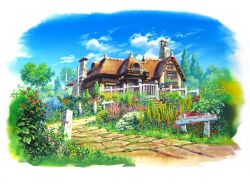  absurdres blue_sky border bush chimney clouds commentary_request day fading_border fence flower gate highres house magewappa_z mailbox_(incoming_mail) no_humans original outdoors path pink_flower red_flower scenery sky tree window 