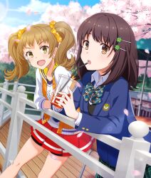  2girls :d :o against_railing blazer blue_bow blue_bowtie blue_jacket blue_sky bow bowtie brown_eyes brown_hair bubble_tea cherry_blossoms cherry_tree clothes_writing clouds day diagonal-striped_bow diagonal-striped_bowtie diagonal-striped_clothes drinking drinking_straw dutch_angle emblem falling_petals game_cg gems_company green_skirt hair_ornament hair_scrunchie hairclip hoshina_hinaka jacket layered_sleeves long_sleeves looking_at_viewer medium_hair multicolored_jacket multiple_girls official_art open_clothes open_jacket open_mouth orange_jacket orange_scrunchie outdoors outstretched_legs petals pink_petals plaid_clothes plaid_skirt print_bow print_bowtie railing red_skirt school_uniform scrunchie shirt skirt sky smile striped_bow striped_bowtie striped_clothes sunlight table tamane_uta teeth third-party_source toji_no_miko toji_no_miko:_kizamishi_issen_no_tomoshibi twintails two-tone_jacket umbrella upper_teeth_only virtual_youtuber white_shirt white_sleeves wooden_deck yellow_eyes 