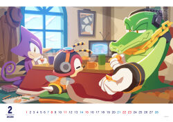  3boys absurdres arthropod_boy bee_boy big_the_cat cameo chameleon_boy charmy_bee closed_mouth colored_pencil crocodile_boy crt cup day espio_the_chameleon furry furry_male gloves headphones highres indoors logo male_focus multiple_boys official_art open_mouth pencil purple_fur sonic_(series) sonic_channel team_chaotix_(sonic) television vector_the_crocodile white_gloves window yellow_eyes 