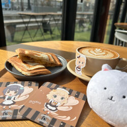  2girls :q apron blonde_hair blue_hair blurry blurry_background blush_stickers bow bowtie bread bread_slice brown_dress cafe character_name chibi coffee commentary_request copyright_name cup dress fang food food_focus gochuumon_wa_usagi_desu_ka? green_eyes green_ribbon hair_ornament hands_up heart heart_hair_ornament highres holding holding_cup indoors jouga_maya kirima_syaro latte_art maid_apron maid_headdress medium_hair multiple_girls official_art petticoat photo_(medium) plate real_life ribbon saucer shoes skin_fang smile socks stuffed_toy table teacup tippy_(gochiusa) toast tongue tongue_out window yellow_bow yellow_bowtie yellow_eyes 