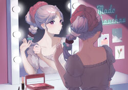  1girl absurdres cake cake_slice commentary_request cosmetics cream crescent fingernails flower food frills fruit green_scrunchie hair_ornament hair_scrunchie highres hijiri_(sacra_0419) lipstick_tube looking_at_mirror makeup_palette mirror nail_polish neon_lights original photo_(object) pink_nails pink_scrunchie puffy_sleeves purple_hair red_scrunchie reflection scrunchie solo strawberry violet_eyes 