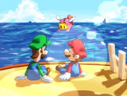  3boys black_eyes blue_overalls blue_sky boots brothers brown_boots brown_facial_hair brown_hair clouds day eyebrows_visible_through_hat facial_hair fence flying gloves green_hat green_shirt hands_on_ground hat highres island lens_flare long_sleeves looking_at_another luigi mario mario_&amp;_luigi:_brothership mario_&amp;_luigi_rpg multiple_boys mustache newsboy_cap ocean outdoors overalls red_hat red_shirt shirt short_hair siblings sitting sky snoutlet_(mario) super_mario_bros. white_fence white_gloves yamari_(ya_mari_6363) 