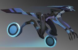  1boy alien alternate_costume assault_visor ben_10 black_bodysuit blue_skin bodysuit colored_skin digitigrade from_side full_body glint helmet highres jzdraws long_arms male_focus multicolored_bodysuit profile redesign reptile_boy running solo spines striped_tail tail two-tone_bodysuit white_bodysuit xlr8 