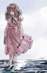  1girl absurdres artist_name bandage_over_one_eye black_ribbon blood blood_on_knife brown_hair commentary face_piercing facial_mark fear_&amp;_hunger_(series) fear_&amp;_hunger_2:_termina frilled_shirt_collar frills full_body highres holding holding_knife holding_shoes holding_unworn_clothes knife long_hair long_sleeves marina_(fear_&amp;_hunger) mouth_piercing neck_ribbon parted_lips piercing pink_skirt ribbon sakimitsloe shirt shirt_tucked_in shoes skirt solo standing unworn_shoes wading water white_shirt 