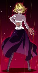  1girl angry arcueid_brunestud aura blonde_hair breasts commentary_request fighting_stance fingernails floating_clothes floating_hair hair_intakes long_skirt marble_phantasm pantyhose partially_shaded_face purple_skirt red_aura red_eyes sasaki_shounen sharp_fingernails short_hair sidelocks skirt sweater tsukihime turtleneck turtleneck_sweater vampire white_sweater 