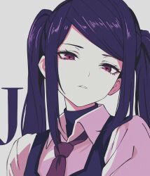  1girl collared_shirt highres jill_stingray kobaryo long_hair looking_at_viewer necktie parted_lips portrait purple_hair red_necktie shirt simple_background solo twintails va-11_hall-a violet_eyes white_background white_shirt 