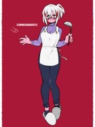 1girl anna_(aannnaa3) blush boku_no_hero_academia full_body glasses grey_eyes hair_between_eyes highres ladle medium_hair multicolored_hair non-web_source red_background red_hair slippers smile solo todoroki_fuyumi turtleneck two-tone_hair white_hair 